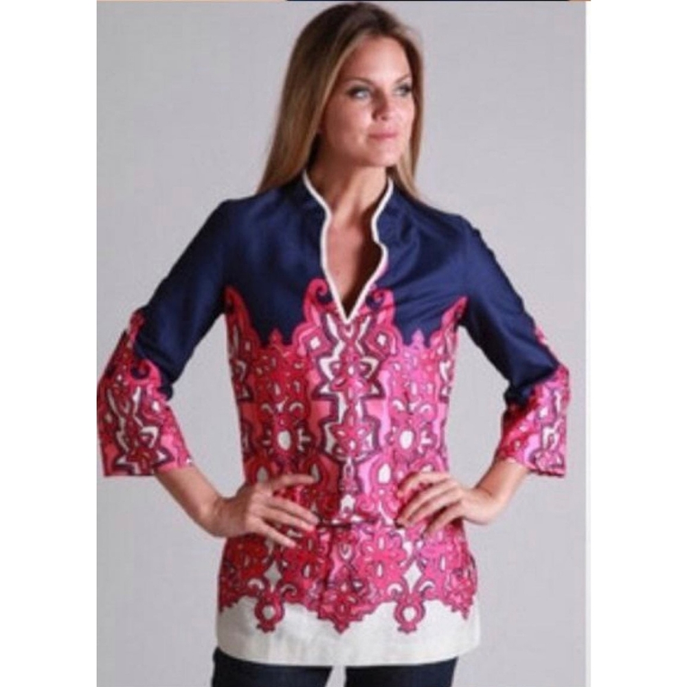 Lilly Pulitzer Ciara Tunic Mutli Chorus Girl Ivory Pink Blue Cotton Tunic Small